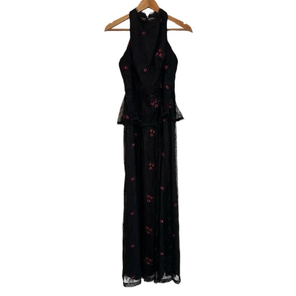 ML Monique Lhuillier Black Lace Maxi Dress with Embroidery Red Roses size 8 - Picture 2 of 12